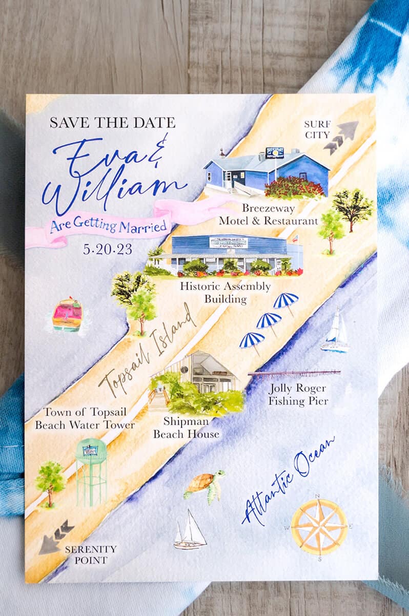 Custom design wedding invitation about Topsail Island by Local Revival Wedding Planner