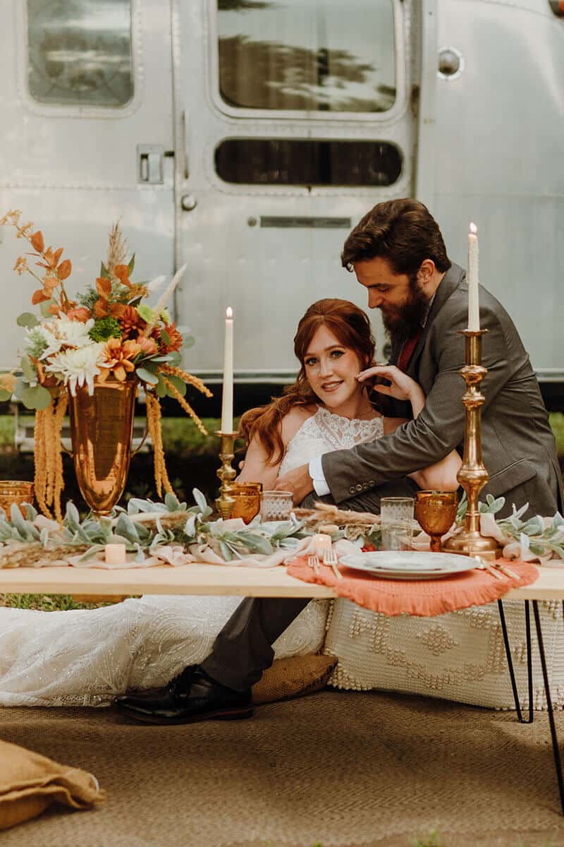 Wedding couple 70s styled shoot decor and design by Tampa wedding planner Local Revival and photos by LD Creative Co