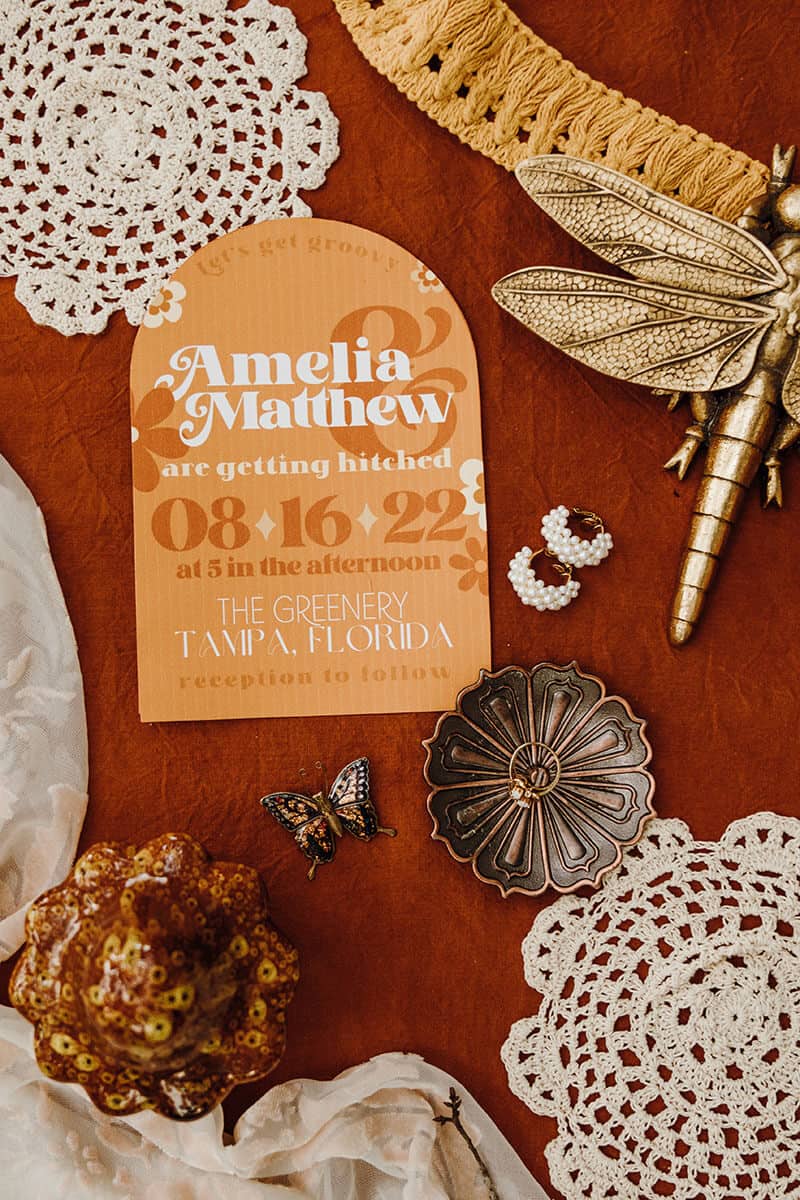 wedding flat lay inspired by 70s styled shoot collaboration with Tampa wedding planner Local Revival and LD Creative Co.